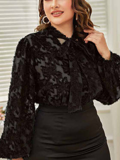 Chic Plus-Size Tie-Bow Commuter Shirt