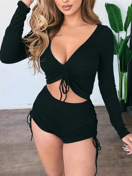 Casual V Neck Flannel Shorts Set