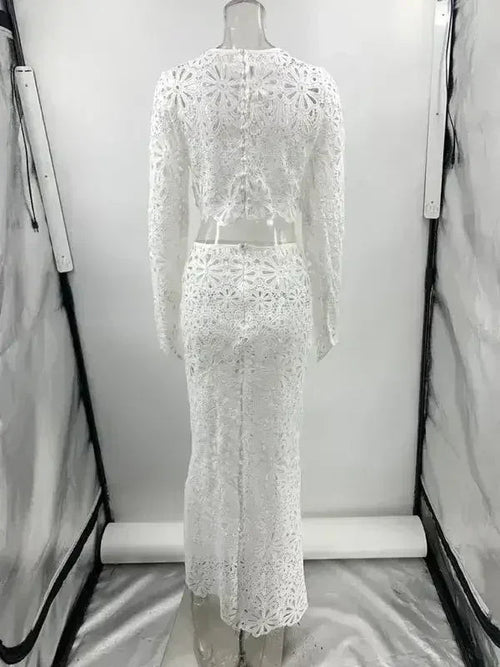 New hollow lace top + skirt two-piece set