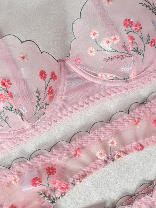 Seductive Embroidered Mesh Lingerie Set