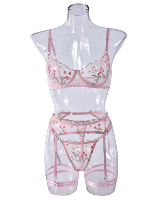 Seductive Embroidered Mesh Lingerie Set