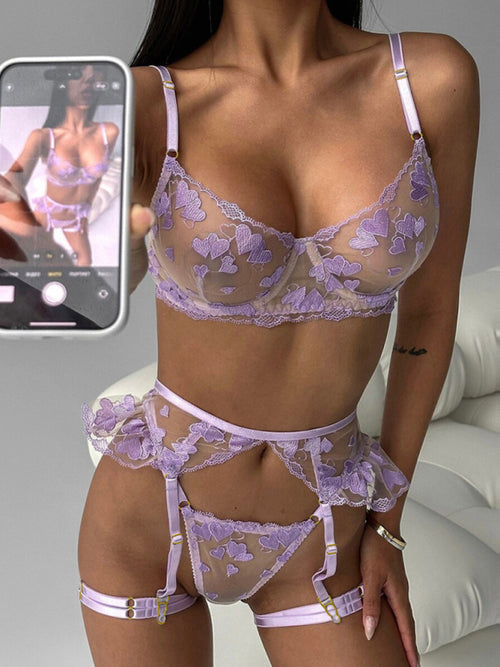 Embroidered Heart-Shaped Lingerie Set