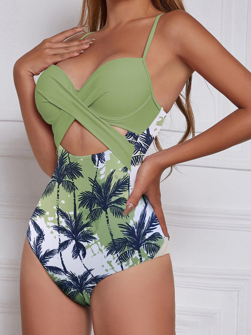 Maple Leaf Print High Waist Cross Beach Swimsuit