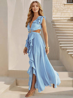 Backless Ruffle Slit Maxi Dress