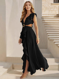 Backless Ruffle Slit Maxi Dress
