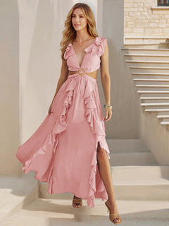 Backless Ruffle Slit Maxi Dress