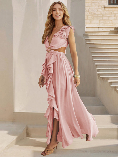 Backless Ruffle Slit Maxi Dress