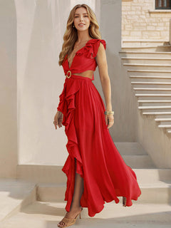 Backless Ruffle Slit Maxi Dress