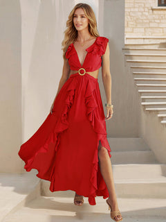 Backless Ruffle Slit Maxi Dress