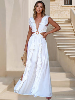 Backless Ruffle Slit Maxi Dress