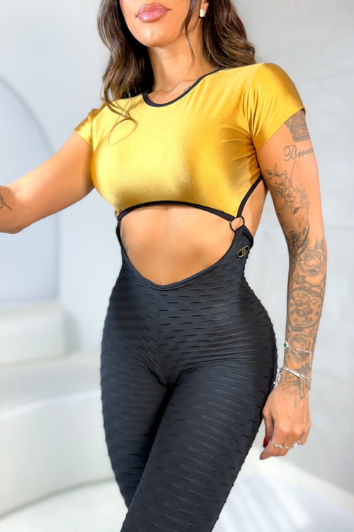 BLACK AND GOLD RINGS JUMPSUIT