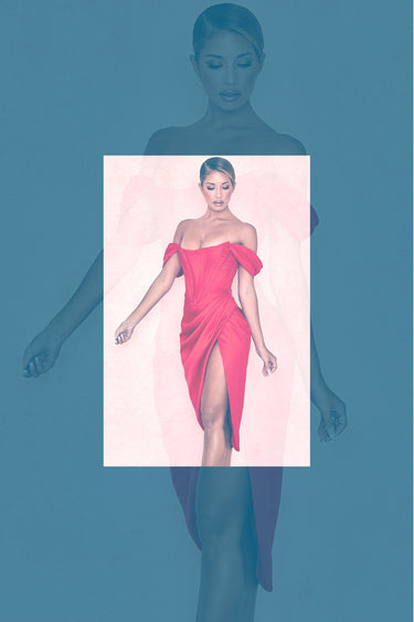 nekkidnow.com Woman in a red off-shoulder dress on a pink background