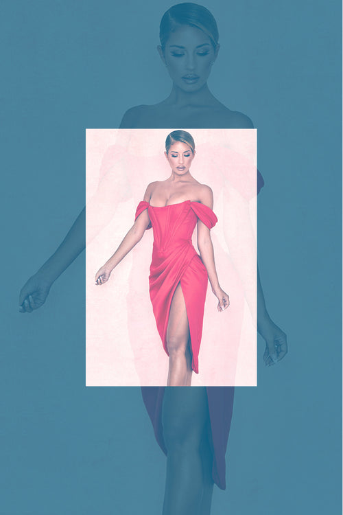 nekkidnow.com Woman in a red off-shoulder dress on a pink background
