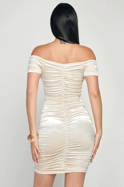 LUX SHINY VELVET OFF SHOULDER HOOKED RUCHED BODYCON MINI DRESS
