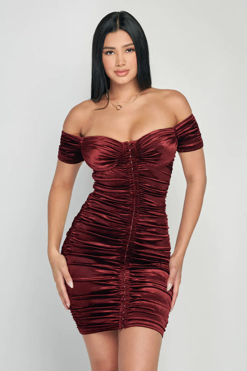 LUX SHINY VELVET OFF SHOULDER HOOKED RUCHED BODYCON MINI DRESS